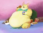 anthro belly big_belly clothed clothing eating female food morbidly_obese morbidly_obese_anthro morbidly_obese_female obese obese_anthro obese_female overweight overweight_anthro overweight_female sitting solo featherhead canid canine fennec_fox fox mammal true_fox