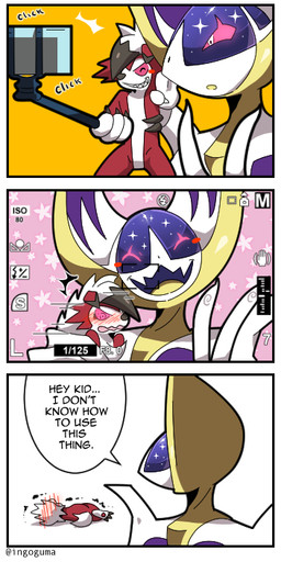 ambiguous_gender anthro blush blush_lines blush_stickers blushing_profusely camera cosmic_body dialogue duo eyes_closed fur lying motion_lines pink_eyes purple_body red_body red_fur selfie shaking smile surprised taking_picture taking_selfie text tuft white_body ingoguma nintendo pokemon canid canine generation_7_pokemon legendary_pokemon lunala lycanroc mammal midnight_lycanroc pokemon_(species) comic english_text signature
