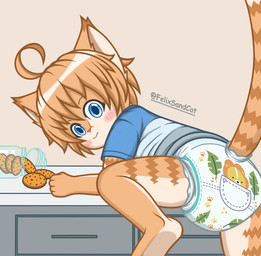 ahoge anthro blonde_hair blue_diaper blue_eyes blush clean_diaper clothed clothing container cookie cookie_jar diaper food fur hair jar kitchen_cabinet kitchen_counter looking_at_viewer male solo striped_body striped_fur stripes wearing_diaper yellow_body yellow_fur young young_anthro young_male felixsandcat pampers felix_weinberg domestic_cat felid feline felis mammal sand_cat wildcat hi_res watermark