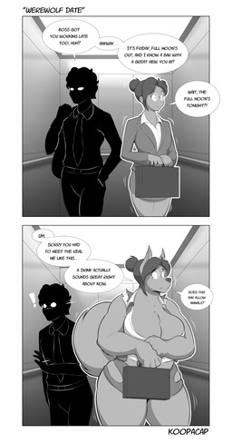 anthro big_breasts breast_expansion breasts briefcase clothed clothing dialogue duo elevator expansion eyewear female female_focus fluffy fluffy_tail front_view fully_clothed fur fur_growth glasses growth hair hair_bun human_to_anthro inside male round_glasses species_transformation speech_bubble suit tail text thigh_expansion transformation wearing_glasses wide_hips koopacap mythology canid canine canis human mammal mythological_canine mythological_creature werecanid werecanine werecreature werewolf wolf absurd_res comic english_text greyscale hi_res monochrome