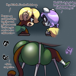 anthro big_butt big_ears black_body black_fur blonde_hair bottomwear brown_body brown_fur brown_tail butt butt_squish chair clothed clothing countershading duo female footwear fur furniture hair huge_butt hyper hyper_butt loli long_tail male multicolored_body multicolored_fur on_chair purple_hair shirt shoes shorts shota sitting sitting_on_chair squish tail tan_body tan_countershading tan_ears tan_skin text through_chair topwear two_tone_body two_tone_fur white_body white_ears white_fur young norithics tommy_(tedizgrunt) haplorhine lemur mammal monkey primate ring-tailed_lemur strepsirrhine 1:1 english_text