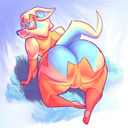 anthro big_butt blush bulge bulge_from_behind butt butt_heart clothing ears_down embarrassed ineffective_clothing looking_at_viewer looking_back male on_ground outside pivoted_ears shortstack solo superhero superhero_costume lunoversia canid canine fox mammal 1:1 hi_res shaded