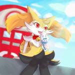 1:1 2017 ambiguous_gender anthro bell braixen canid canine duo fan_character fangs female fortuna_(unknownlifeform) fur generation_5_pokemon generation_6_pokemon heart_nose heart_symbol hi_res inner_ear_fluff jingle_bell mammal neck_bow nintendo open_mouth orange_body orange_fur pokemon pokemon_(species) red_eyes sitting solo_focus stick sun teeth tuft unknownlifeform vanillish white_body white_fur yellow_body yellow_fur