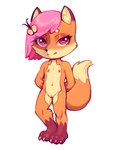 accessory anthro female flat_chested fur genitals hair hair_accessory hands_behind_back looking_at_viewer navel nipples nude orange_body orange_fur pink_hair pussy red_eyes short_hair solo standing young young_anthro young_female tedd77 canid canine fox mammal 2022