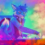 anthro arm_warmers armwear blue_body blue_fur clothed clothing disc_jockey earpiece eyes_closed fangs fur male smile solo speaker standing tail teeth turntable_(decks) white_body white_fur falvie zen_ryuuji canid canine canis fox hybrid mammal wolf 1:1 2017 colorful_theme digital_media_(artwork) hi_res