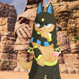 anthro blush bodily_fluids clothed clothing finger_in_mouth fur genital_fluids genitals humanoid_genitalia humanoid_penis male nipples outside palmorph penis screencap screencap_background solo tail young young_anthro young_male unknown_artist palworld pocketpair anubis_(pal) canid canine canis mammal pal_(species) 1:1
