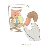 anthro bottomwear clothed clothing container cup disembodied_hand duo fully_clothed fur grey_body grey_fur necktie orange_body orange_fur pants shirt simple_background sitting topwear white_background oimotomeru91 disney zootopia nick_wilde canid canine fox mammal red_fox true_fox 1:1 hi_res