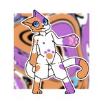 :3 abstract_background asymmetrical_coloring blue_sclera dipstick_tail female fur genitals gesture heart_(marking) heart_symbol long_tail markings orange_body orange_fur outline pawpads pink_pawpads purple_body purple_fur pussy semi-anthro solo standing tail tail_markings waving white_body white_fur x_nipples theenyface capcom monster_hunter cally_(theenyface) calico_cat domestic_cat felid feline felis felyne lynian mammal palico 1:1 aliasing digital_drawing_(artwork) digital_media_(artwork) flat_colors