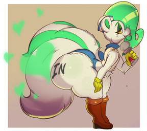 anthro big_butt boots braces butt clothing female food footwear gloves green_hair hair handwear heart_symbol huge_butt plant shoes solo spinach stripes uniform vegetable saltyseaskunk puddin_toon_skunk mammal mephitid skunk hi_res