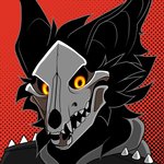 anthro armor black_body black_fur bone fangs fur glowing glowing_eyes male mask metal metal_mask metallic_body orange_eyes red_background simple_background skull skull_head solo teeth wingedwolf94 cadaver_(skulldog) canid canine canis demon mammal skulldog_(species) spirit wolf 1:1 bust_portrait low_res portrait