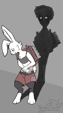 accordion ambiguous_gender anthro backpack bottomwear clothing duo leggings legwear looking_away looking_down musical_instrument nervous piano_accordion shorts wraps yumuyumu hare humanoid lagomorph leporid mammal rabbit shadow_creature 9:16 hi_res