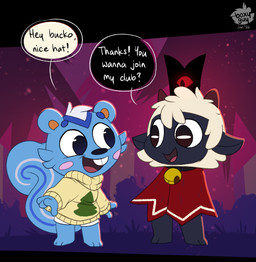 bell bell_collar blue_body blue_fur blush clothed clothing collar fur horn male simple_background tail text white_body white_fur wool_(fur) nutty_bo animal_crossing cult_of_the_lamb massive_monster_(studio) nintendo filbert_(animal_crossing) lamb_(cult_of_the_lamb) red_crown_(cult_of_the_lamb) bovid caprine mammal rodent sciurid sheep tree_squirrel english_text hi_res