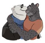 anthro cheek_tuft claws clothing duo eyes_closed facial_tuft fur hug jacket male markings melanistic shirt simple_background smile spots spotted_body spotted_fur sweater topwear tuft white_background white_body white_fur hatershatesarea disney zootopia koslov_(zootopia) renato_manchas bear felid jaguar mammal pantherine polar_bear ursine 2017 bust_portrait portrait