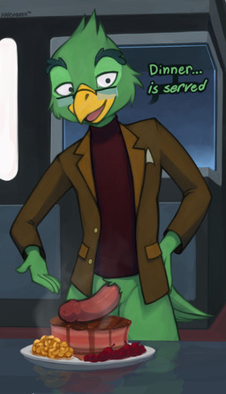 anthro bottomless clothed clothing dialogue food food_fetish food_play gabers_migleemo genitals humanoid_genitalia male penis solo text marsminer star_trek star_trek_lower_decks migleemo avian bird colored hi_res