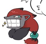 ambiguous_gender anthro big_teeth biped black_body black_fur eyelashes fur green_eyes grey_body grey_fur grin looking_back red_body red_fur simple_background smile solo white_background svkhaiminh nintendo pokemon generation_5_pokemon pokemon_(species) zoroark hi_res