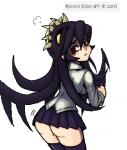 bottomless bottomwear butt clothed clothing female looking_back not_furry pupils rear_view red_eyes sharp_teeth simple_background skirt slit_pupils solo teeth text white_background yellow_eyes skullgirls filia samson_(skullgirls) ant arthropod humanoid hymenopteran insect korean_text