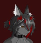 accessory angry anthro black_hair broken_horn brown_eyes chest_tuft collar fur grey_body grey_fur hair hair_accessory hairband horn inner_ear_fluff male nude red_hair red_horn simple_background solo tuft crybitur suwyzid canid canine canis felid hybrid mammal wolf hi_res