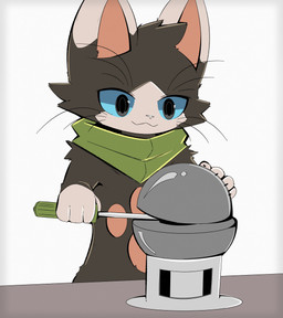 4_fingers ambiguous_gender anthro arm_tuft black_body black_fur blue_sclera dipstick_ears ear_markings facial_tuft fingers fur gloves_(marking) green_kerchief kerchief markings multicolored_ears pink_inner_ear screwdriver shoulder_tuft simple_background smile solo tools tuft whiskers white_body white_fur gaogomon capcom demon_core monster_hunter felid lynian mammal melynx 2024 absurd_res hi_res