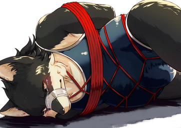 anthro bdsm black_body black_fur black_nose bodily_fluids bondage bound bulge crying fur kemono lying male restraints rope rope_bondage rope_harness slightly_chubby solo tears korosuke canid canine canis mammal wolf 2014 source_request unavailable_at_source