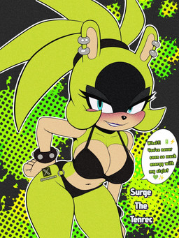 anthro bedroom_eyes big_breasts biped black_bra black_clothing black_panties black_underwear blue_eyes blush blush_lines bra bracelet breasts cleavage clothed clothing ear_piercing ear_ring emoji eyelashes female fist_on_hip green_background green_body green_hair grin hair jewelry leaning leaning_forward lipstick looking_at_viewer makeup midriff narrowed_eyes navel panties piercing purple_lipstick ring_piercing seductive simple_background smile solo speech_bubble standing talking_to_viewer tan_body text thick_eyelashes thick_thighs tied_hair underwear underwear_only wide_hips genyacero idw_publishing sega sonic_the_hedgehog_(comics) sonic_the_hedgehog_(idw) sonic_the_hedgehog_(series) surge_the_tenrec afrosoricid mammal tenrec 2025 3:4 character_name digital_media_(artwork) english_text film_grain hi_res portrait three-quarter_portrait watermark