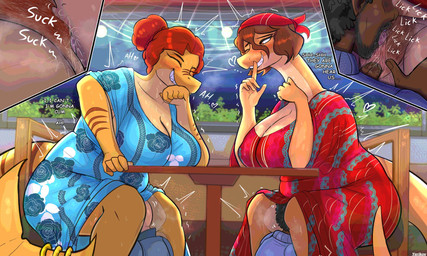 5_fingers announcing_orgasm anthro bald beard big_breasts big_tail black_hair bodily_fluids breasts brown_body brown_hair brown_pubes brown_skin brown_stripes cleavage close-up clothed clothing cunnilingus curvy_figure dark_body dark_skin dialogue eyelashes eyes_closed facial_hair female female_on_human fingering fingering_partner fingers genital_fluids genitals group hair hair_bun huge_breasts human_on_anthro inside interspecies kerchief light-skinned_male light_body light_skin long_tail looking_pleasured male male/female male_on_anthro mature_anthro mature_female moan multicolored_body multicolored_scales multicolored_skin multiple_angles muumuu oral parallel_sex pubes red_eyes red_hair red_pubes scales sex sex_shot sharp_teeth short_hair shush sitting smile snout stealth_sex striped_body striped_skin stripes sweat sweatdrop tail talking_to_another tan_body tan_scales tan_skin teeth text tongue tongue_out two_tone_body two_tone_scales under_table under_table_oral vaginal vaginal_fingering vaginal_fluids voluptuous voluptuous_female vulva yellow_body yellow_skin yeik_art abilongin'_for_ya! riding_with_yu abilene_hartley fan_character veronika_magna aquatic archaeocete basilosaurid cetacean dinosaur dorudon europasaurus human macronarian mammal prehistoric_species reptile saurischian sauropod sauropodomorph scalie whale 2025 artist_name digital_drawing_(artwork) digital_media_(artwork) english_text hi_res watermark