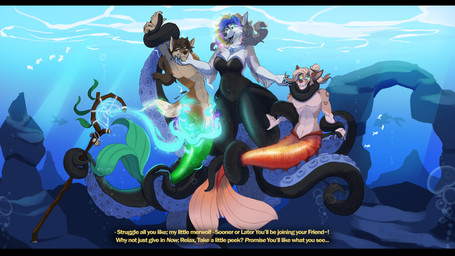 8_tentacles after_transformation anthro arms_above_head arms_tied_above_head backless_topwear bare_back bare_shoulders black_bars blue_hair breasts brown_body brown_fur brown_hair bubble cleavage clothed clothed_female clothing countershading cross-eyed dialogue dominant dominant_female female fur glistening glistening_body glistening_scales glistening_tail glowing glowing_eyes green_body green_scales green_tail grey_body grey_fur grey_hair group hair hand_on_chin hands_tied_above_head hypnosis hypnotic_eyes jewelry legless light light_beam magic magic_staff male male/female mermaid_tail mind_control multicolored_hair navel navel_piercing necklace nude_male open_mouth orange_body orange_scales orange_tail piercing ponytail restrained restrained_by_tentacles ringed_eyes scales sea seabed smile split_form strapless_clothing strapless_topwear submissive submissive_male suckers sunbeam sunlight tail tan_body tan_countershading tan_fur teeth tentacle_around_arm tentacle_around_neck tentacle_around_tail tentacle_around_wrist tentacles text topwear transformation trio two_tone_hair underwater water white_body white_countershading white_fur white_hair roxlyde ambient_fish ambient_sealife aquatic canid canine canis cecaelia cephalopod coleoid mammal merfolk mollusk octopodiform wolf 16:9 2024 absurd_res english_text hi_res letterbox subtitled widescreen