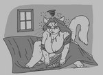 anthro areola areola_slip bed_covers bed_sheet bedding big_breasts bottle breasts clothed clothing container female huge_breasts hungover jewelry necklace nipple_slip overweight overweight_female partially_clothed paws solo tail tongue tongue_out under_covers amadboii microsoft the_elder_scrolls kiithi_(glacierclear) felid khajiit mammal monochrome