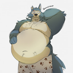 anthro belly big_belly black_nose boxers_(clothing) clothing eye_scar facial_scar fur grey_body grey_fur hand_on_belly male obese obese_male overweight overweight_male scar solo tan_body tan_fur underwear mindof beastars legoshi_(beastars) canid canine canis mammal wolf hi_res