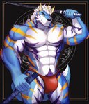 5_fingers abs anthro biceps blue_body blue_fur bulge claws countershade_arms countershade_face countershade_fur countershade_torso countershading fingers fur horn inner_ear_fluff male muscular muscular_anthro muscular_male pecs solo tail tuft krowndconvz lugerdius canid canine canis mammal wolf hi_res