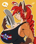 anthro biceps big_breasts blue_eyes braided_hair breasts cleavage clothed clothing country_girl cowboy_hat ear_piercing ear_ring female hair hat headgear headwear huge_breasts inner_ear_fluff long_hair looking_at_viewer milestone muscular muscular_anthro muscular_female piercing red_hair ring_piercing smile smiling_at_viewer solo star tuft chalo las_lindas ann_gustave canid canine fox mammal milestone_celebration