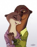 amber_eyes anthro bodily_fluids brown_body brown_fur crying duo eyes_closed eyewear female fur glasses hand_holding husband male romantic romantic_couple simple_background smile tears tears_of_joy whiskers white_background wife neverjay disney zootopia emmitt_otterton mrs._otterton lontra mammal mustelid north_american_river_otter otter river_otter 2016