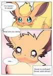 ambiguous_gender colored dialogue duo eevee eeveelution english_text female_(lore) feral flareon generation_1_pokemon heart_catchlight heart_eyes heart_symbol hi_res male_(lore) nintendo okazu pink_background pokemon pokemon_(species) shaded simple_background text white_background