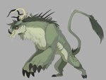 anthro antlers fur green_body green_fur green_mane green_tail grey_background horn looking_at_viewer male mane mouth_closed neck_tuft semi-anthro side_view simple_background solo standing tail tail_tuft tuft tusks yellow_eyes imperatorcaesar mammal monster suine 4:3 absurd_res hi_res