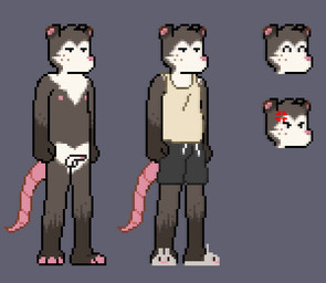 anthro black_bottomwear black_clothing black_shorts bottomwear brown_body clothing footwear freckled_face freckles genitals male penis pink_fingers pink_nose pink_tail shoes shorts slippers solo tail white_face white_penis young young_male better_be_kid american_opossum mammal marsupial
