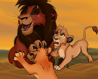 4_toes black_nose brown_body brown_fur brown_mane brown_nose cheek_tuft claws eyes_closed facial_tuft feet feral fur group iris male male_feral mane open_mouth open_smile orange_body orange_fur outside philtrum pupils quadruped red_eyes smile snout tail tail_tuft tan_body tan_fur toes trio tuft yellow_sclera young young_feral young_male kodaac disney the_lion_king kovu_(the_lion_king) felid lion mammal pantherine