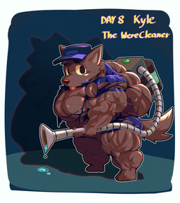 3_toes 4_fingers anthro arm_tuft back_muscles biceps big_eyes big_muscles big_pecs black_eyebrows black_eyes black_outline blep blue_bottomwear blue_clothing blue_hat blue_headwear blue_topwear blush bodily_fluids border bottomwear brown_blush brown_body brown_fur brown_nose brown_pubes butt cheek_tuft claws cleaning_tool clothing count countershade_inner_ear day_count deltoids dripping_water elbow_tuft eyebrows facial_tuft featureless_crotch feet fingers fluffy fluffy_tail forearm_muscles forehead_tuft foreshortening fur glistening glistening_nose glistening_tail hat headgear headwear holding_object huge_muscles hyper hyper_muscles implied_transformation ineffective_clothing inside latissimus_dorsi light male multicolored_outline muscular muscular_legs narrowed_eyes no_irises outline paws pecs pink_tongue pointillism pointy_ears pubes puddle purple_text_outline quads raised_inner_eyebrows shadow small_hands solo standing sweat tail text three-quarter_view toes tongue tongue_out topwear torn_clothing trapezius triceps tuft unsigned vacuum_cleaner water_drop white_border white_outline yellow_sclera yellow_text crimsonrabbit mythology the_werecleaner kyle_(the_werecleaner) canid canine mammal mythological_canine mythological_creature werecanid werecanine werecreature werewolf 2024 character_name english_text full-length_portrait hi_res lighting portrait shaded shaded_line_art