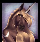 anthro blonde_hair eyelashes female hair hair_over_eye half-closed_eyes horn long_hair looking_at_viewer narrowed_eyes nude one_eye_obstructed solo yellow_eyes morrigan_the_marwari mythology luna_(chestnutluna) equid equine mammal mythological_creature mythological_equine unicorn bust_portrait hi_res portrait