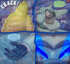 accessory anthro bangs battle belt belt_buckle black_nose blood blood_stain blue_body blue_eyes blue_scales bodily_fluids breasts buckle claws clothing cloud coat colored_blood countershade_face countershade_torso countershading cracks crystal dialogue electricity electricity_manipulation elemental_manipulation emerald_(gem) eye_flame eye_markings fantasy female feral fight fingerless_gloves freckles fur gem gloves green_clothing green_coat green_hair green_topwear hair handwear headband inner_ear_fluff insignia lightning lightning_bolt magic_user markings motion_lines muscular muscular_female night offscreen_character one_eye_closed oversized_sleeves raining red_hair ring scales short_hair sky sparkles talking_to_another tan_body tan_fur text thunderstorm topwear tuft unusual_blood unusual_bodily_fluids white_clothing white_coat white_hair white_topwear wiping_face yellow_blood yellow_eyes stylish_apollo heart_of_the_lands mythology ithaca_juneia zenchi_hasagami canid canine canis coyote dragon mammal mythological_creature mythological_scalie scalie sea_monster sea_serpent comic english_text hi_res story story_in_description