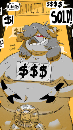 anthro auction balls blue_ribbon double_chin ear_piercing ear_tag genitals livestock_play livestock_tag male notched_ear nude_anthro obese obese_anthro obese_male overweight overweight_anthro overweight_male piercing solo devi1s_dozen ody_(character) domestic_pig duroc_pig mammal suid suine sus_(pig) 9:16 absurd_res hi_res
