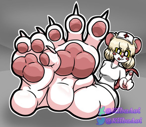3_toes anthro barefoot blonde_hair blush breasts claws clothing feet female foot_fetish foot_focus fur hair headgear headwear heart_symbol humanoid_feet looking_at_viewer nails nurse nurse_clothing nurse_headwear pawpads paws plantigrade smile soles solo toes tongue tongue_out white_body white_fur yellow_eyes kibaaoi terrible_mouse lorna_(terrible_mouse) mammal mouse murid murine rodent hi_res