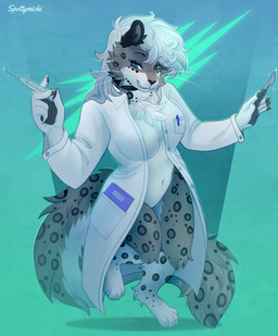 anthro big_breasts big_tail breasts chest_tuft claws clothed clothing coat collar curly_hair featureless_crotch female fluffy fluffy_tail fur hair injection lab_coat long_hair looking_at_viewer medical_instrument on_one_leg pawpads scalpel scientific_instrument scientist simple_background smile smiling_at_viewer solo spots standing surgical_instrument tail thick_thighs topwear tuft whiskers wide_hips spottymichi felid mammal pantherine snow_leopard digital_media_(artwork) hi_res
