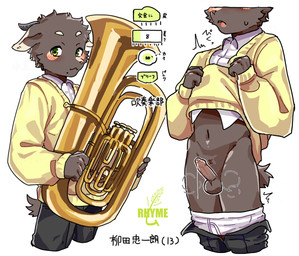 adolescent anthro balls blush blush_lines bodily_fluids bottomwear brass_instrument briefs clothed clothing clothing_lift collared_shirt dripping erection foreskin genital_fluids genitals green_eyes horn humanoid_genitalia humanoid_penis kemono looking_at_viewer male musical_instrument penis pink_nose precum precum_drip shirt shirt_lift simple_background solo stated_age stated_young sweater text topwear tuba underwear wind_instrument young young_anthro young_male beegoma bovid caprine goat mammal hi_res