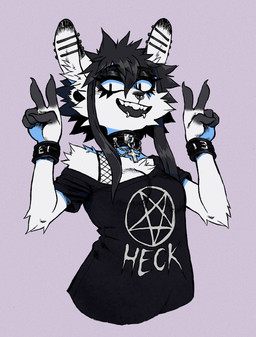 alternative_fashion anthro arm_tuft black_clothing black_hair black_shirt black_topwear blue_eyes bracelet chest_tuft choker clothing cross ear_piercing ear_tails eyeliner facial_piercing female fur fur_tuft gauged_ear gesture glamfur goth grin hair hand_gesture industrial_piercing inverted_cross inverted_pentagram jewelry lip_piercing lip_ring looking_at_viewer makeup mall_goth necklace nose_piercing nose_ring occult_symbol pentagram piercing ring_piercing septum_piercing shirt simple_background smile snakebite_piercing solo symbol t-shirt text text_on_clothing text_on_shirt text_on_t-shirt text_on_topwear topwear tuft v_sign white_body white_fur gutter-bunny alexis_(gutter-bunny) lagomorph mammal absurd_res half-length_portrait hi_res portrait redraw remake trans_(lore) trans_woman_(lore)