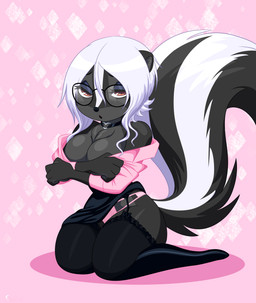 alternative_fashion anthro bedroom_eyes biped black_body black_fur blue_eyeshadow boots bottomwear breasts brown_eyes chest_tuft choker clothed clothing eyeshadow eyewear female footwear fur furgonomics garter_straps glasses grey_body grey_fur hair heart_choker j-fashion jewelry jirai_kei knee_boots knee_highs kneeling legwear looking_at_viewer makeup markings narrowed_eyes necklace panties pattern_background pink_background seductive shoes simple_background skirt solo stockings striped_markings striped_tail stripes tail tail_markings tail_through_skirt tuft underwear undressing white_hair white_stripes skelly_doll diana_rayablanca mammal mephitid skunk striped_skunk 2021 absurd_res hi_res signature
