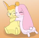 3_toes anthro blue_eyes blush cuddling daww duo eyelashes eyes_closed feet female fur male one_eye_closed orange_body orange_fur pink_body pink_fur romantic romantic_couple semi-anthro short_fur simple_background toes wink yellow_body yellow_fur improbable_(artist) happy_happy_clover pixiv sayuri_tatsuyama mallow_(happy_happy_clover) shallot_(happy_happy_clover) domestic_rabbit lagomorph leporid lop_rabbit mammal oryctolagus rabbit