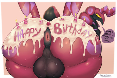 anus balls big_balls big_butt birthday bodily_fluids butt cake dessert dialogue feral food frosting genitals happy_birthday male solo speech_bubble sweat sweaty_balls sweaty_butt sweaty_genitalia thick_thighs faurnewaque nintendo pokemon generation_5_pokemon pokemon_(species) scolipede hi_res
