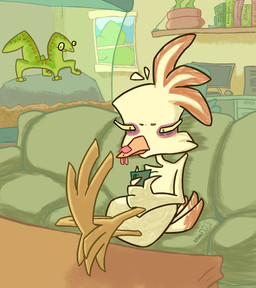 ambiguous_gender anthro book brown_hair cellphone chair desk duo electronics feathers female feral furniture green_body green_skin hair inside office_chair phone plant sofa solo_focus table tail tail_feathers tired tired_eyes toony white_body window worried spezdood amphibian avian bird chicken galliform newt phasianid salamander absurd_res cel_shading hi_res shaded simple_shading