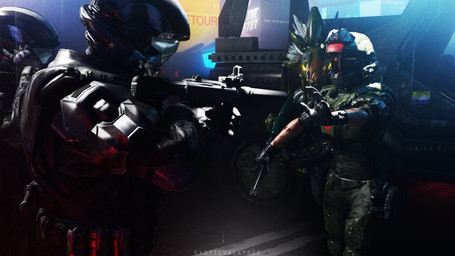 aiming_gun aiming_weapon anthro armor blue_body blue_feathers camo car carbine city city_background clothing dark duo_focus faceless_character faceless_human feather_hair feathered_crest feathers female female_human gloves glowing glowing_eyes grey_body grey_scales group gun handwear head_crest headgear helmet holding_gun holding_object holding_ranged_weapon holding_submachine_gun holding_weapon light_body light_skin male male_anthro night police pseudo_hair raised_arm raised_hand ranged_weapon scales sharp_teeth submachine_gun teeth vehicle warthog_vehicle_(halo) weapon yellow_eyes exotic_valkyrie halo_(series) microsoft xbox_game_studios jazz_(exoticvalkyrie) alien avian human kig-yar mammal scalie t'vaoan 16:9 3d_(artwork) absurd_res colored digital_media_(artwork) hi_res widescreen