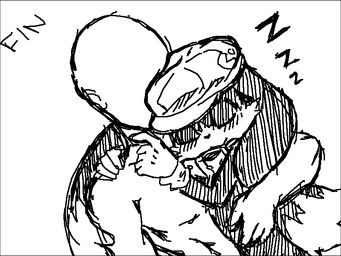 after_sex blush clothing collar duo faceless_character faceless_male gloves handwear hat headgear headwear hug long_ears male muscular muscular_male simple_background sleeping text aka_leopard bandai_namco klonoa_(series) anon klonoa domestic_cat felid feline felis human mammal 4:3 black_and_white monochrome