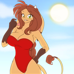 anthro big_breasts biped breasts brown_body brown_fur brown_hair clothed clothing cloud female freckles fur green_eyes hair horn huge_breasts long_hair looking_at_viewer multicolored_body multicolored_fur one-piece_swimsuit outside sky smile solo standing sun swimwear two_tone_body two_tone_fur scorpdk las_lindas mora_linda bovid bovine cattle mammal 1:1